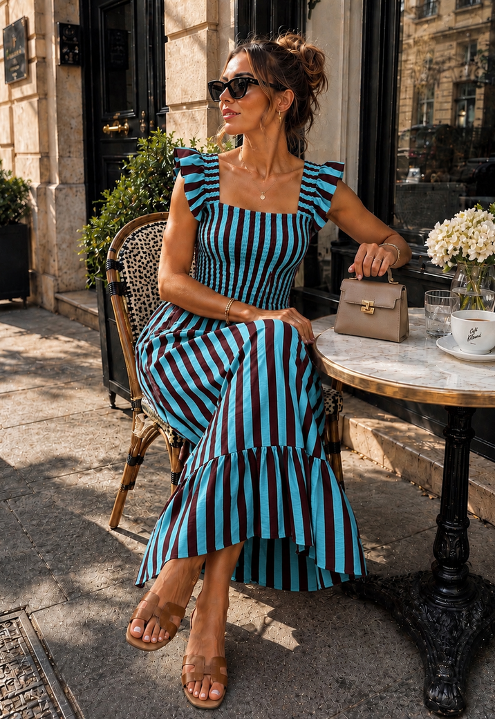 Blauw Gestreepte Midi Jurk met Smockdetail en Ruffle Mouwen