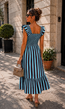 Blauw Gestreepte Midi Jurk met Smockdetail en Ruffle Mouwen