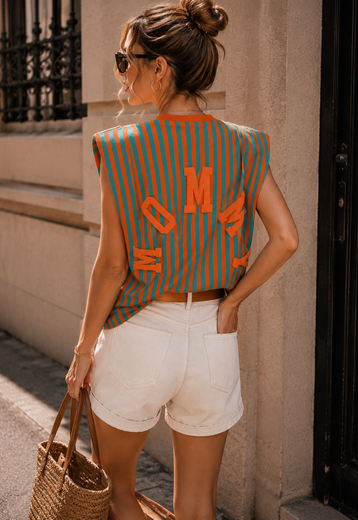 Turquoise Oranje Gestreepte Top