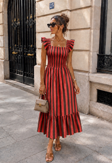 Rood Gestreepte Midi Jurk met Smockdetail