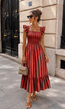 Rood Gestreepte Midi Jurk met Smockdetail en Ruffle Mouwen