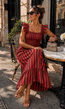 Rood Gestreepte Midi Jurk met Smockdetail en Ruffle Mouwen