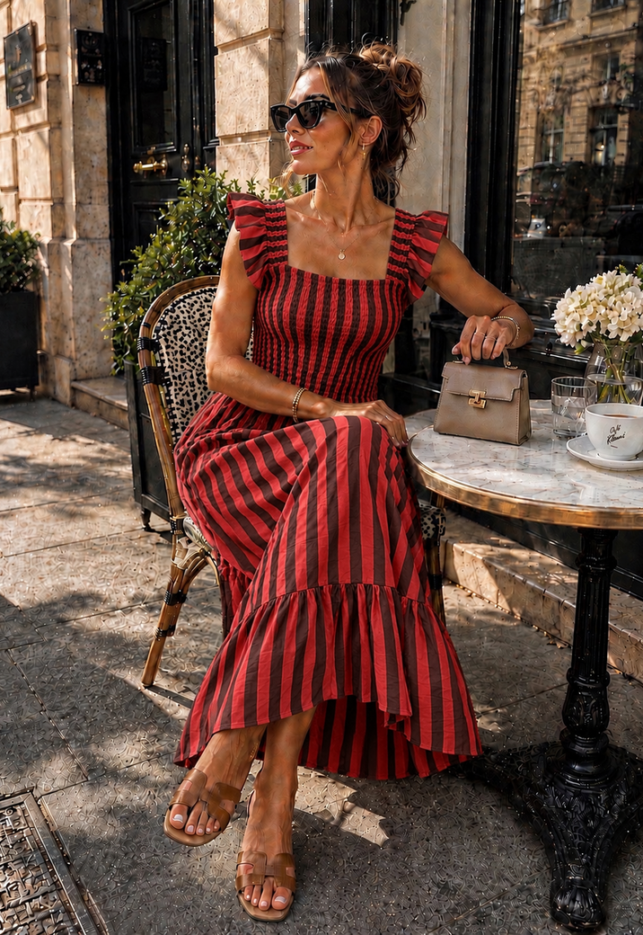 Rood Gestreepte Midi Jurk met Smockdetail en Ruffle Mouwen