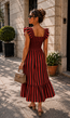 Rood Gestreepte Midi Jurk met Smockdetail en Ruffle Mouwen