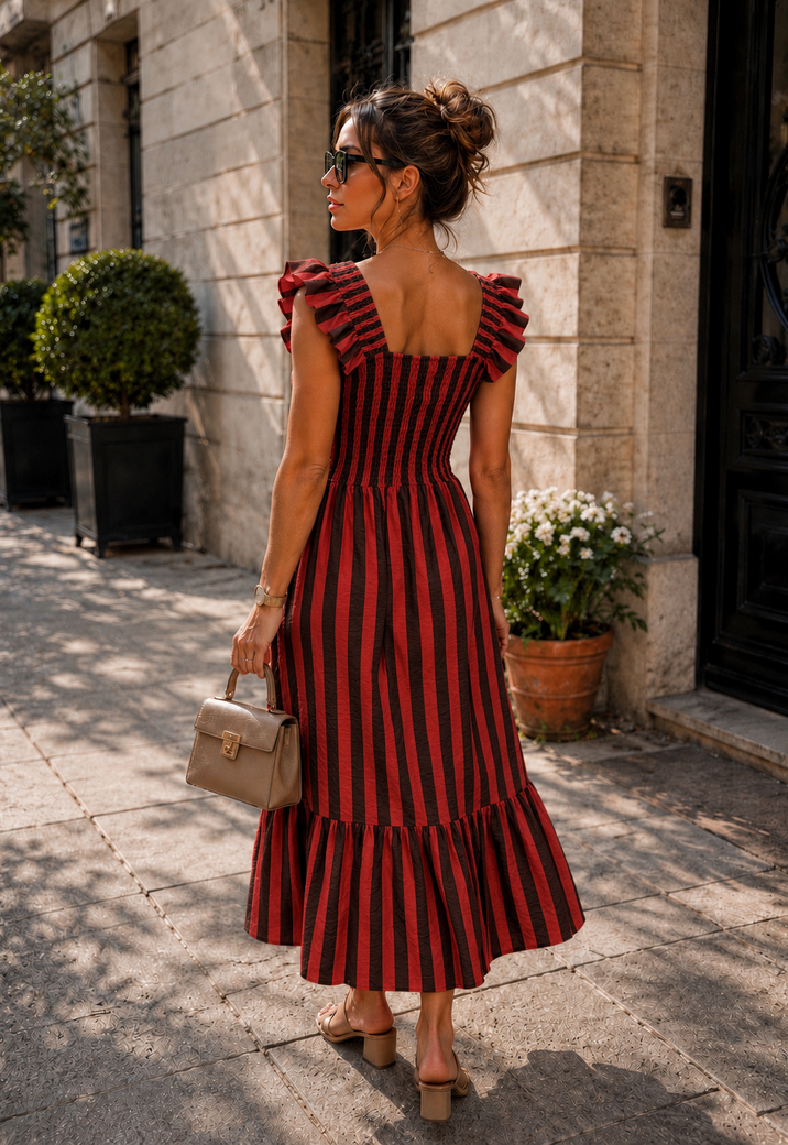 Rood Gestreepte Midi Jurk met Smockdetail en Ruffle Mouwen