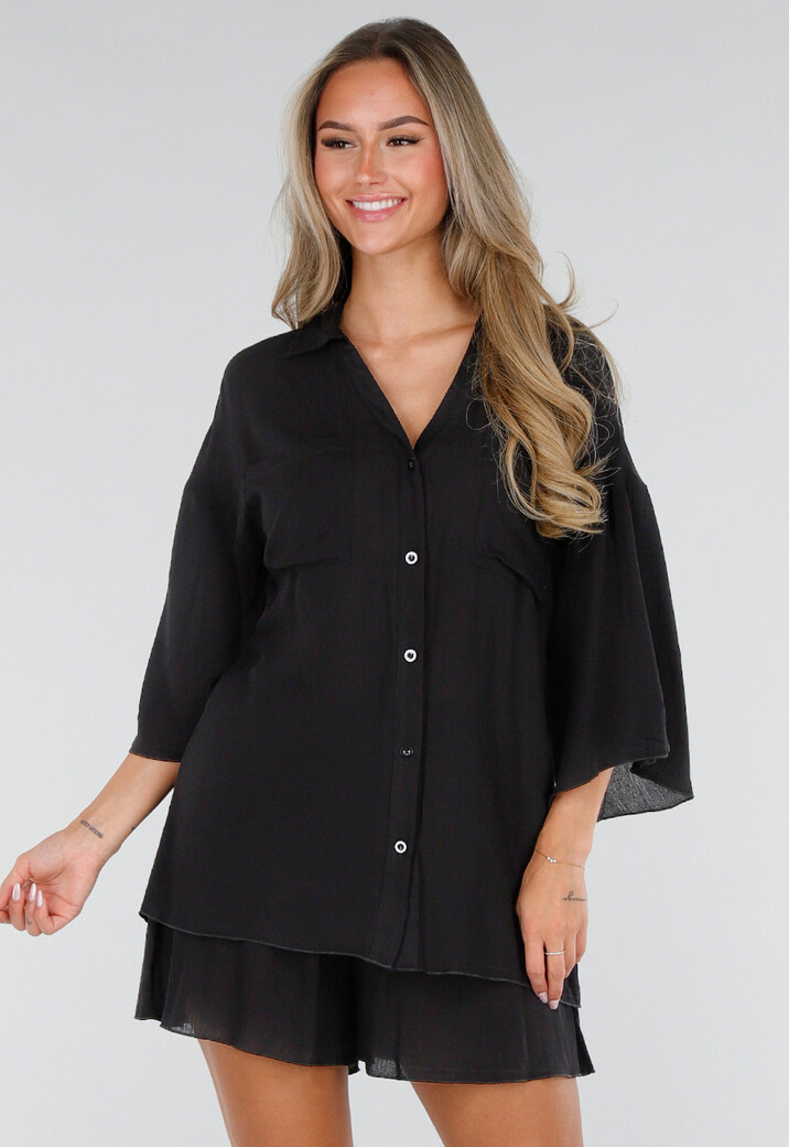 Zwarte Blouse en Short Set met Wijde Mouwen