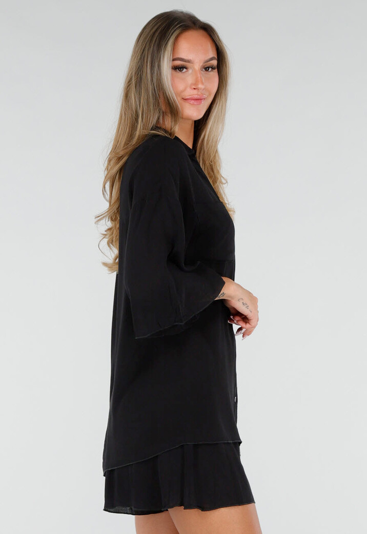 Zwarte Blouse en Short Set met Wijde Mouwen