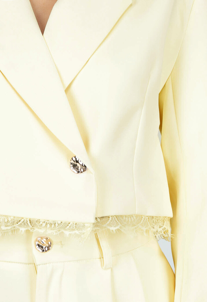 Gele Cropped Blazer met Kant en Lange Mouwen