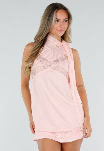 Roze Mouwloze Halter Top met Kant