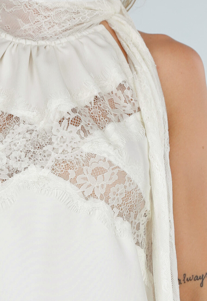 Beige Halter Top met Kant en Sjaalkraag