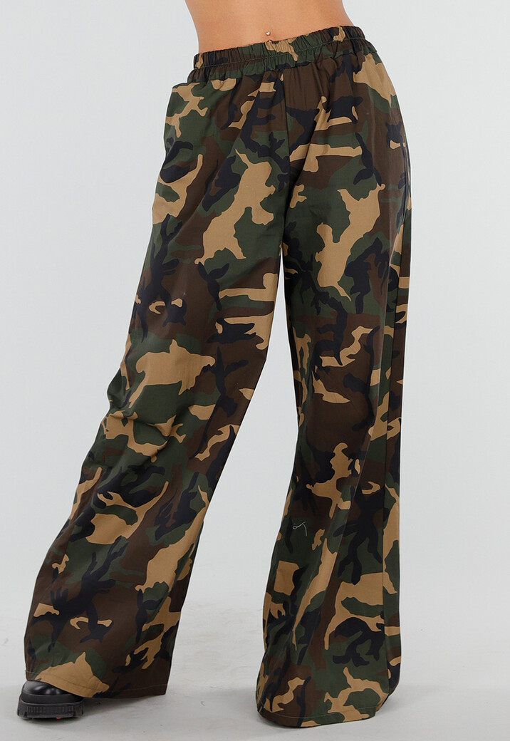Wide Leg Broek met Camouflageprint en Elastische Taille