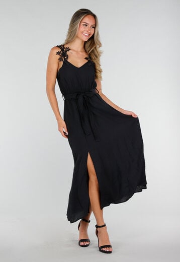 Zwarte Mousseline Maxi Jurk met Kantdetail