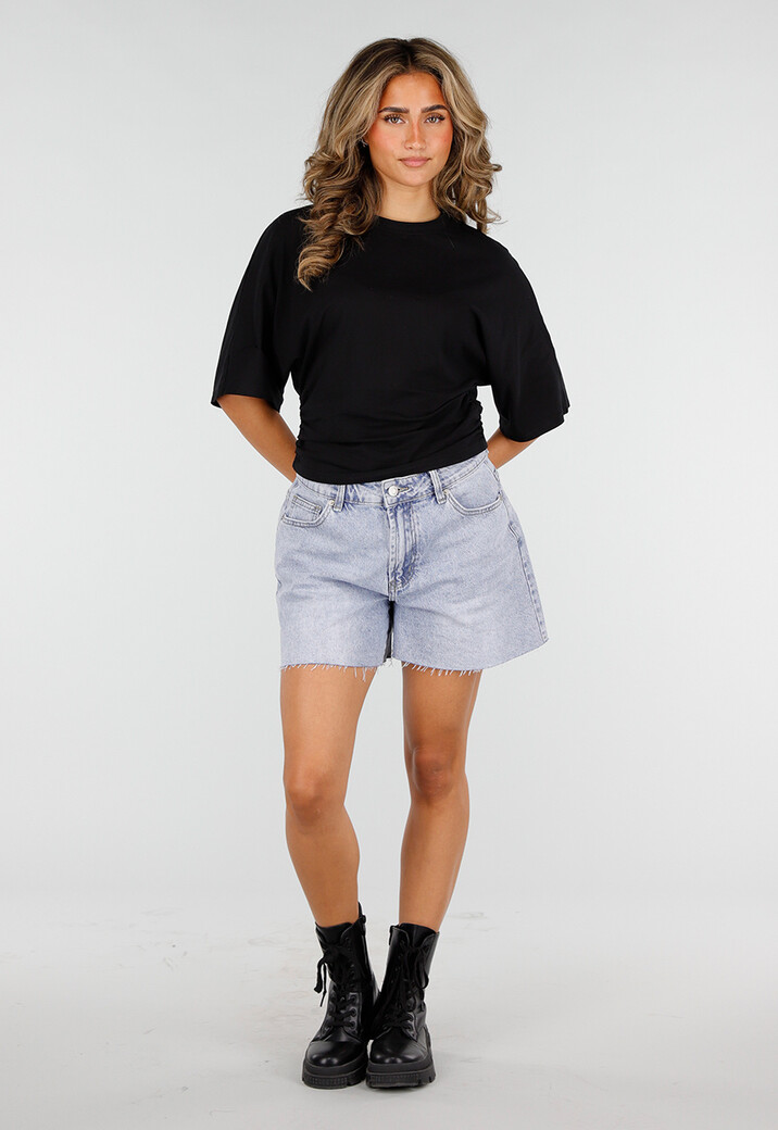 Zwarte Oversized Top met Halflange Mouwen en Ronde Hals