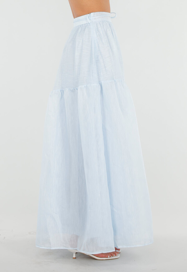 Lichtblauwe Maxi Rok met Strikceintuur en Volant