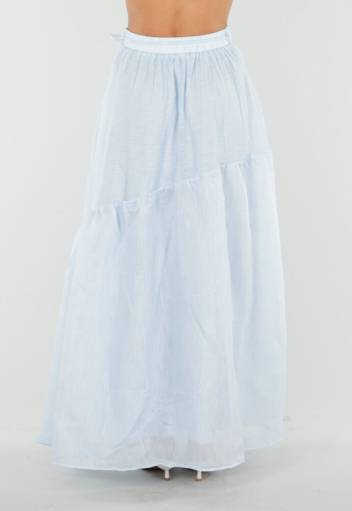 Lichtblauwe Maxi Rok met Strikceintuur en Volant
