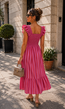 Roze Gestreepte Midi Jurk met Smockdetail en Ruffle Mouwen