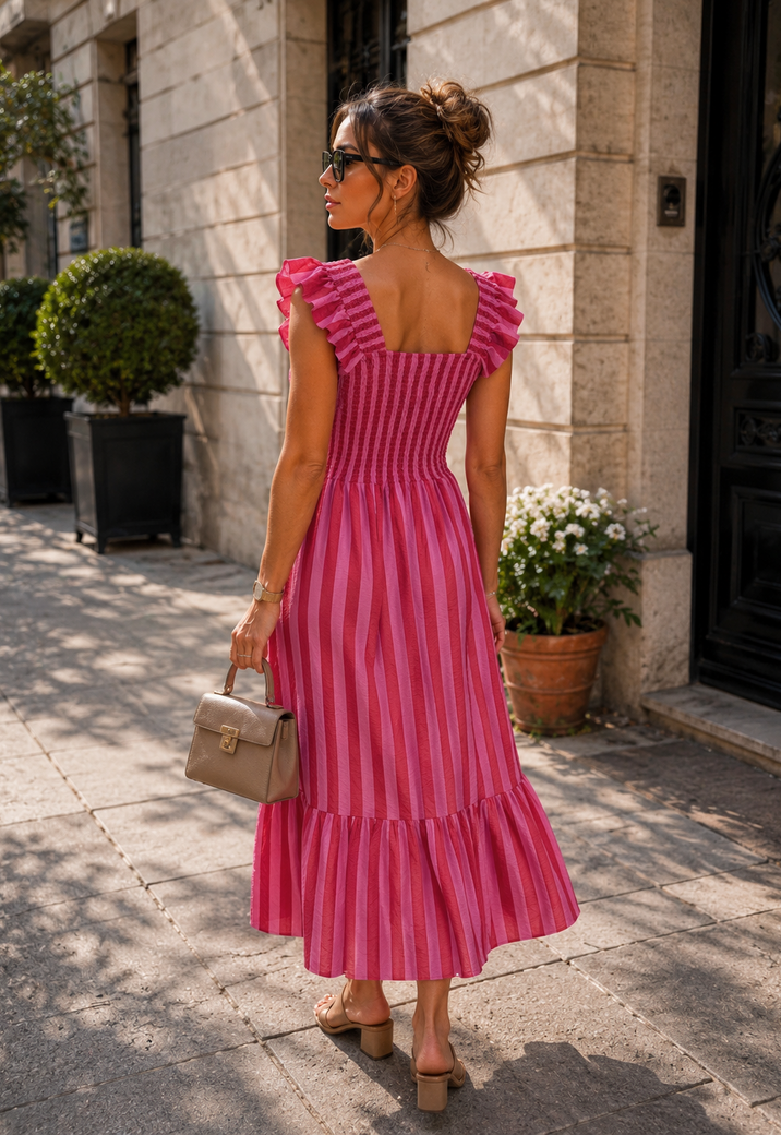 Roze Gestreepte Midi Jurk met Smockdetail en Ruffle Mouwen