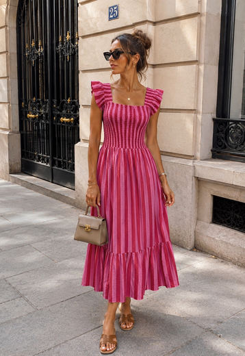 Roze Gestreepte Midi Jurk met Smockdetail