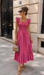 Roze Gestreepte Midi Jurk met Smockdetail en Ruffle Mouwen