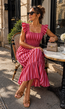 Roze Gestreepte Midi Jurk met Smockdetail en Ruffle Mouwen