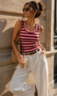 Bordeaux en Roze Gestreepte Mouwloze Rib Top met Ronde Hals