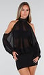 Zwarte Mini Jurk met Open Schouders En Chiffon Mouwen
