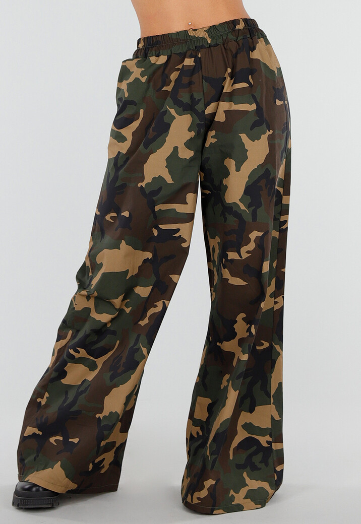 Wide Leg Broek met Camouflageprint en Elastische Taille