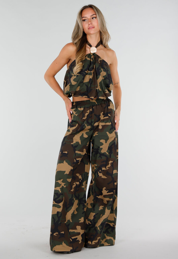 Wide Leg Broek met Camouflageprint en Elastische Taille