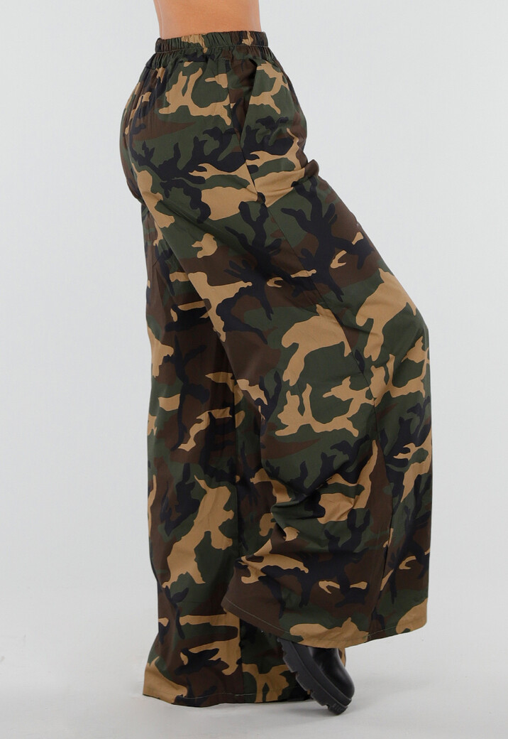 Wide Leg Broek met Camouflageprint en Elastische Taille