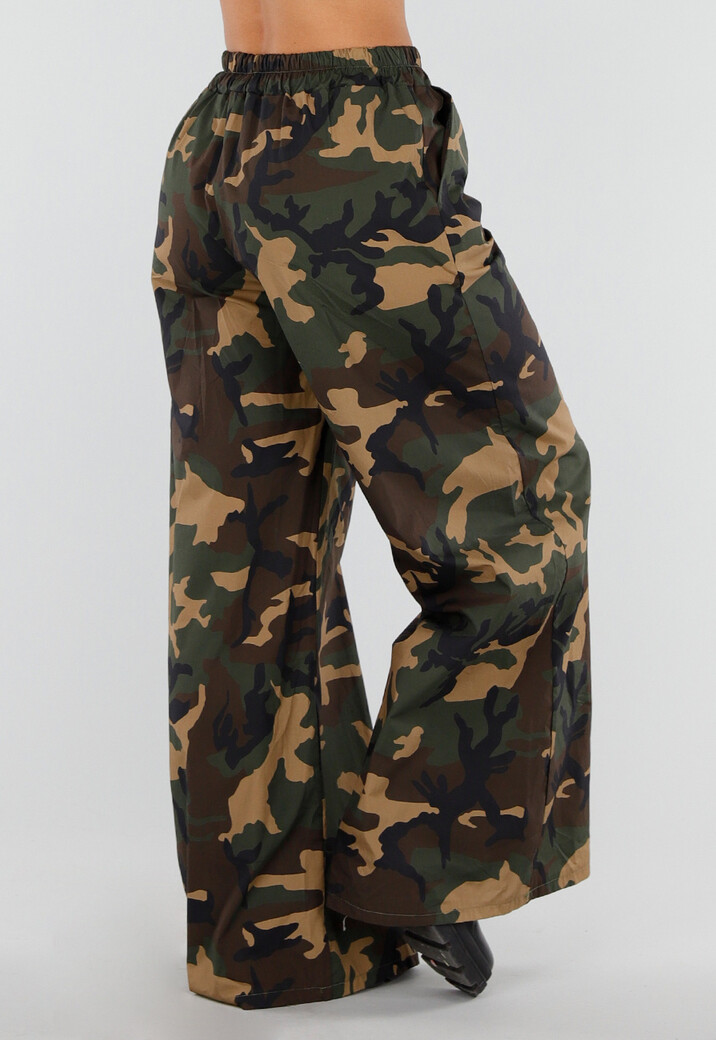 Wide Leg Broek met Camouflageprint en Elastische Taille