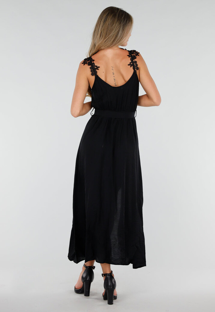 Zwarte Mousseline Maxi Jurk met Kantdetail en Tailleband