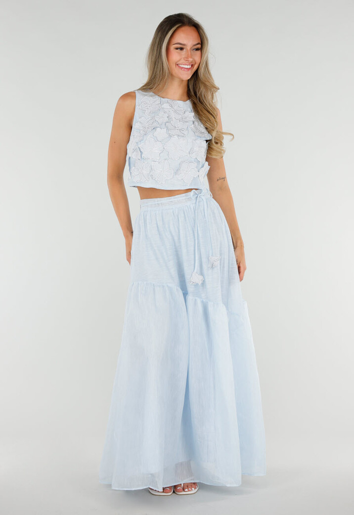 Lichtblauwe Maxi Rok met Strikceintuur en Volant