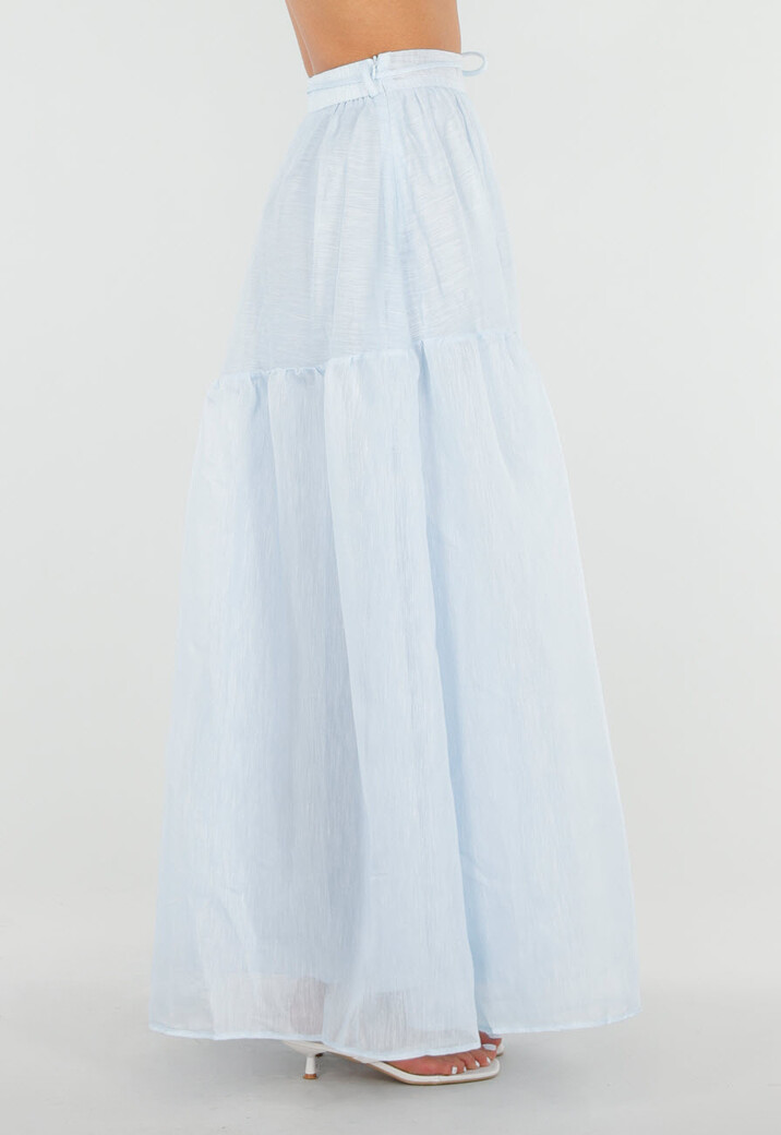 Lichtblauwe Maxi Rok met Strikceintuur en Volant