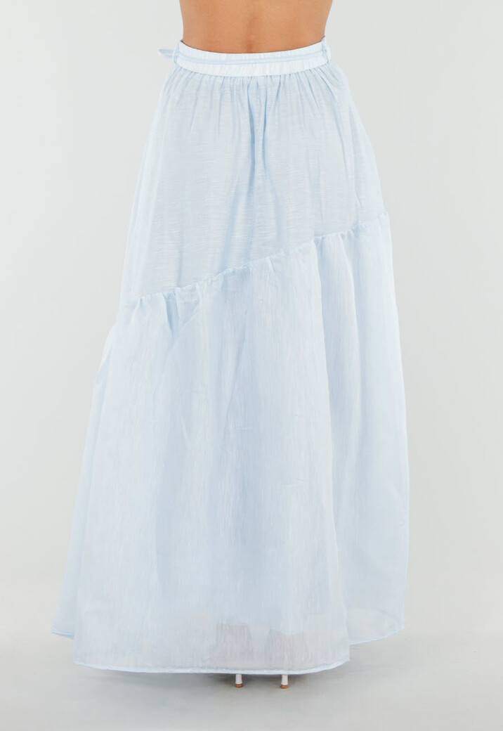 Lichtblauwe Maxi Rok met Strikceintuur en Volant