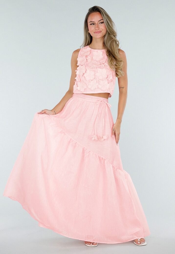Lichtroze Maxi Rok met Strikceintuur en Volant