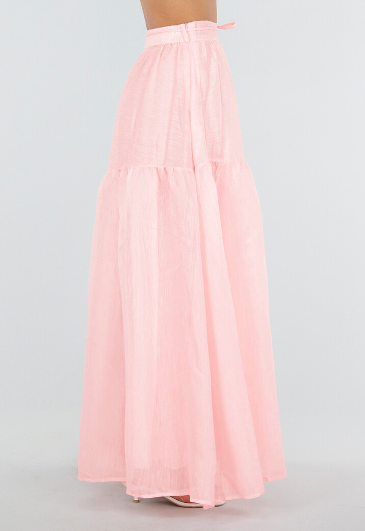 Lichtroze Maxi Rok met Strikceintuur en Volant