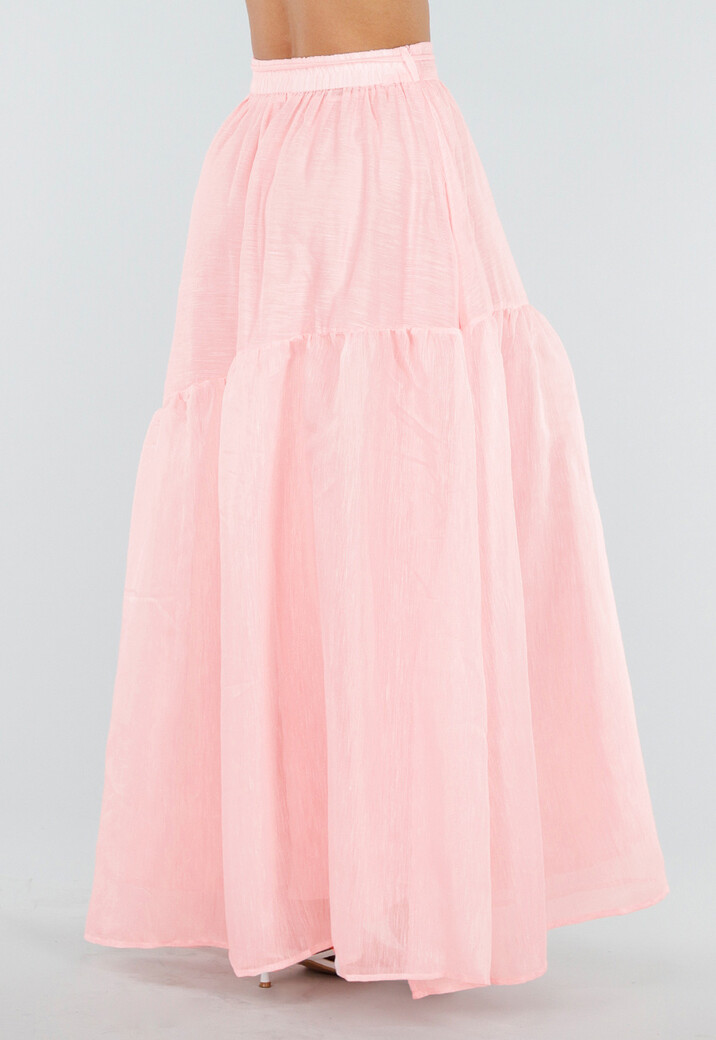 Lichtroze Maxi Rok met Strikceintuur en Volant