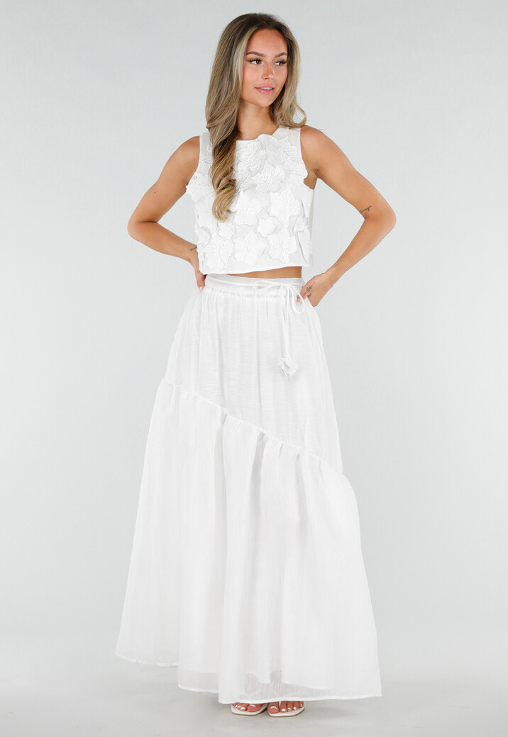 Witte Maxi Rok met Strikceintuur en Volant