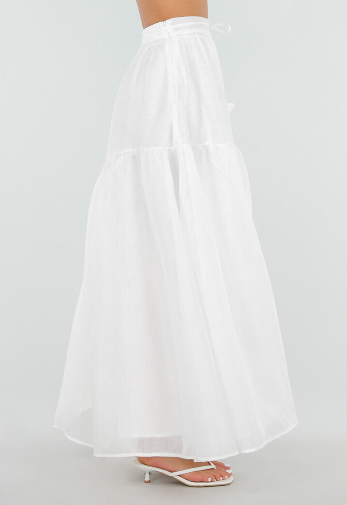 Witte Maxi Rok met Strikceintuur en Volant