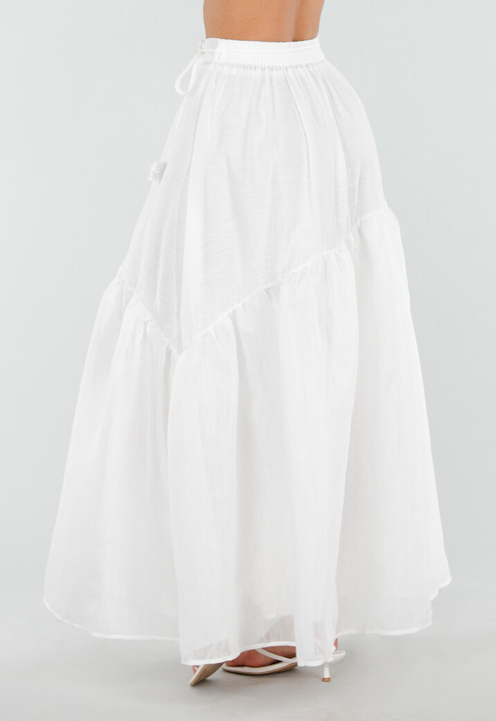 Witte Maxi Rok met Strikceintuur en Volant
