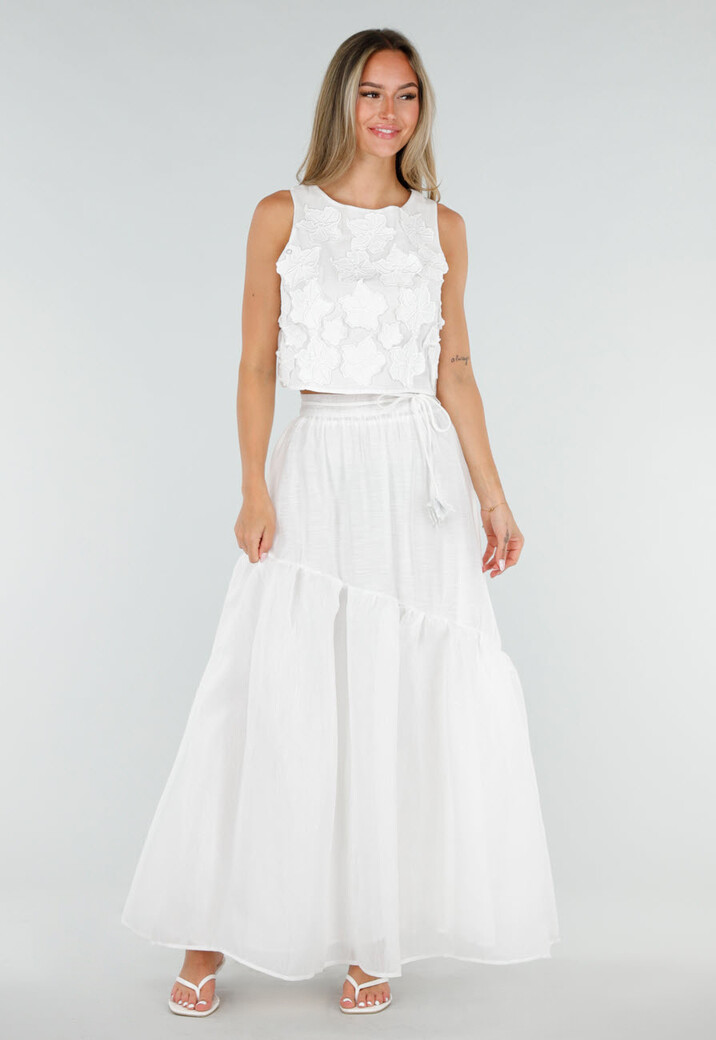 Witte Bloemen Crop Top met Mouwloos Model