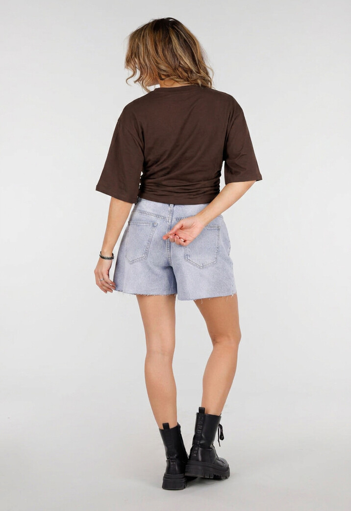 Bruin Oversized T-Shirt met Halflange Mouwen en Geplooid Detail