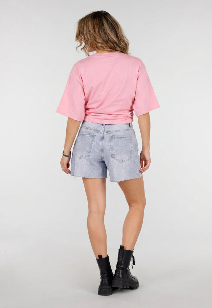 Roze Oversized T-Shirt met Halflange Mouwen en Geplooid Detail