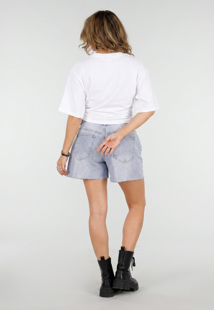 Wit Oversized T-Shirt met Halflange Mouwen en Geplooid Detail