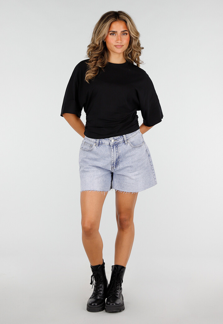 Zwarte Oversized Top met Halflange Mouwen en Ronde Hals