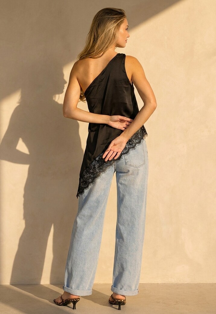 Zwarte One Shoulder Top met Kanten Zoom