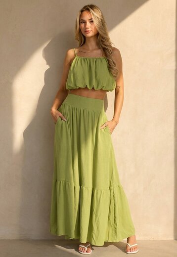 Olijfgroene Two Piece Set met Maxi Rok