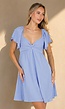 Lichtblauwe Linnenlook Jurk met Gedraaid Detail en Vlindermouwen