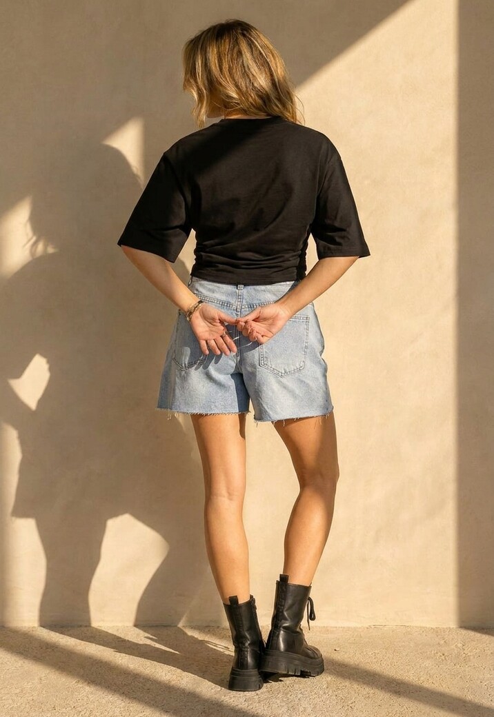 Zwarte Oversized Top met Halflange Mouwen en Ronde Hals