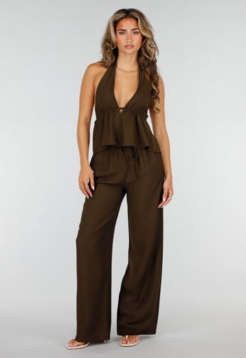 NEW220726 Bruine Halter Top en Broek Set